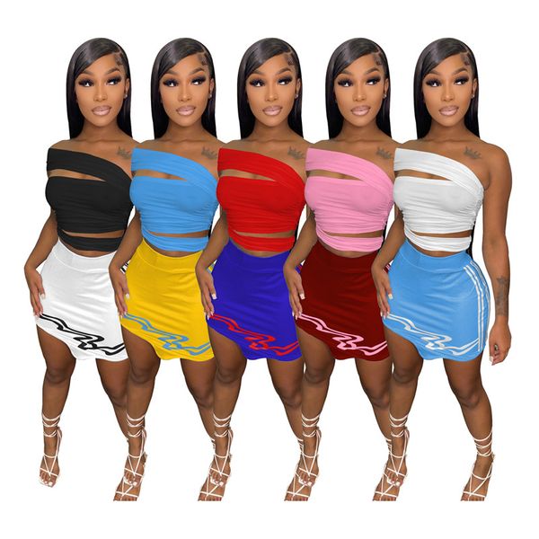 

wholesale 2 piece dress summer strapless backless women dresses solid tank skirts nightclub clothes 7063, White