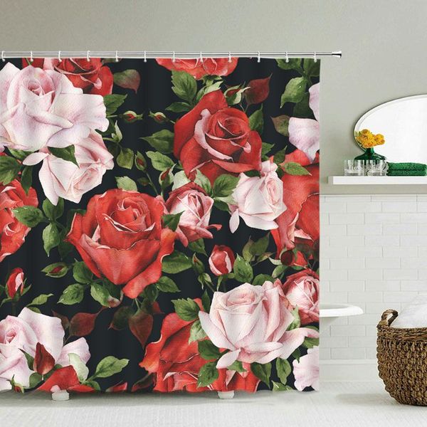 

waterproof fabric shower curtains 3d printed blooming flowers bathroom curtain rose plant leaves decor with hooks bath