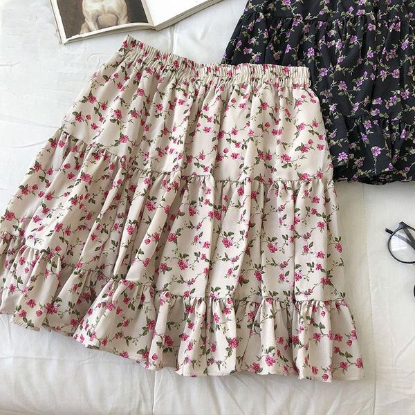 

skirts 2021 women summer mini skirt fashion korean ruffles floral print high waist chiffon casual beach style faldas saias, Black