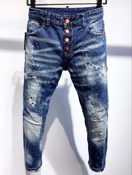 

men's jeans fashion trend patch applique washed frayed hole painted slim, Blue
