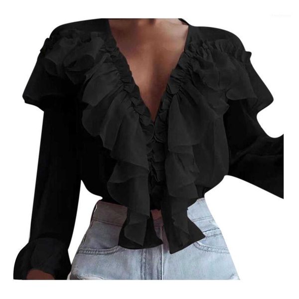 

women's blouses & shirts ruffle solid color print women long sleeve v neck chiffon female blouse 2021 elegant office ladies clothes bl, White
