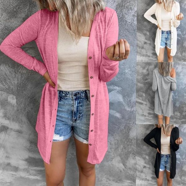 

women's knits & tees women casual fashion cardigan single-breasted solid color round neck long coat for going out, White