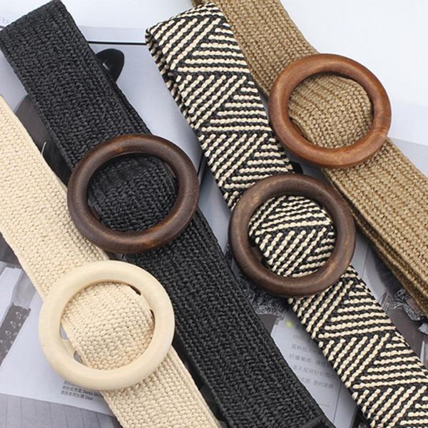 

belts summer solid female belt vintage boho braided waist round wooden smooth buckle fake straw wide for women, Black;brown