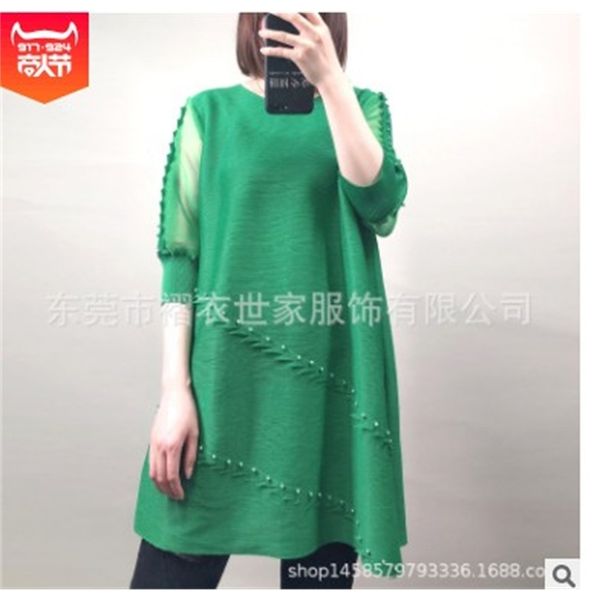 

knits miyake fashion folds of half sleeve o-neck loose long beading t-shirt, White