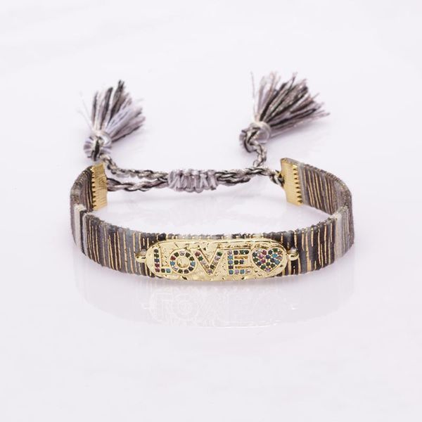 

5pcs/lot white cz paved love letter tag ethnic boho soft cotton silk tassel tail wristband charm adjustable bracelet for woman bracelets, Golden;silver