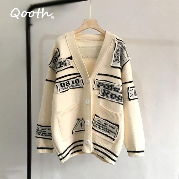 

women's knits & tees qooth letter patch v-neck single breasted cardigan spring autumn winter thick knitted long sleeve causal qt637, White
