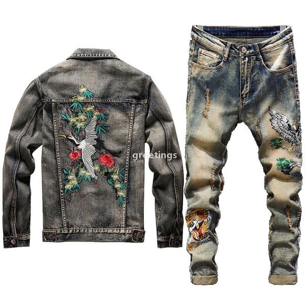 Neue Männer Jeans Jacke Sets Mode Herbst Stickerei Rot gekrönter Kranich Anzug Weste + Gestickte Tiger-Kopf Jeans Herren kleidung 2 Stück Sets L