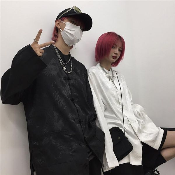 

dragon print harajuku streetwear women man blouse chinese style stand collar buckle vintage black white shirt blusas women's blouses &