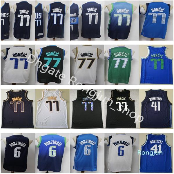 Herren Kristaps Porzingis Dirk Nowitzki Trikot Luka Doncic Earned City Basketball genäht Schwarz Marineblau Weiß