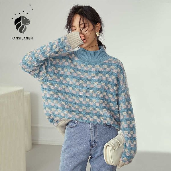 

fansilanen oversized blue plaid knitted sweater women spring long sleeve casual pullover female streetwear loose jumper 210607, White;black