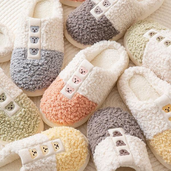 

slippers cute bear plush men and women couple cotton for fall/winter leisure indoor warmth household female, Black