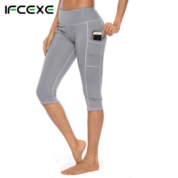 

yoga outfits 2021 3/4 pants with pocket women compression sports leggings elatic summer quick dry running gym workout clothes, White;red
