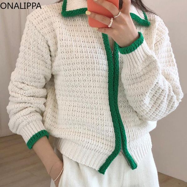 

women's jackets onalippa knitted cardigan women korean chic gentle contrast color lapel edging zipper loose long-sleeved sweater, Black;brown