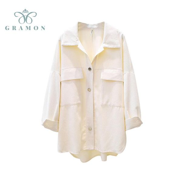 

plus size t-shirt women corduroy blouses loose 2021 autumn long sleeve turn down collar button solid shirts korean simplicity