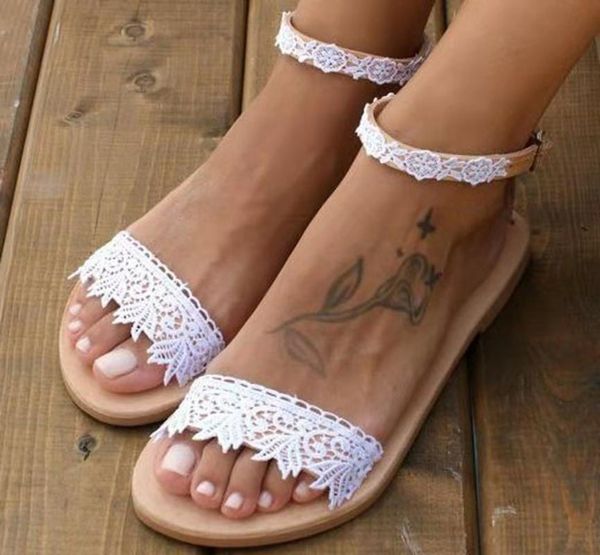 

womens sandals ladies flats comfortable lace open toe casual beach shoes slip-on roma slippers plus size m140#, Black