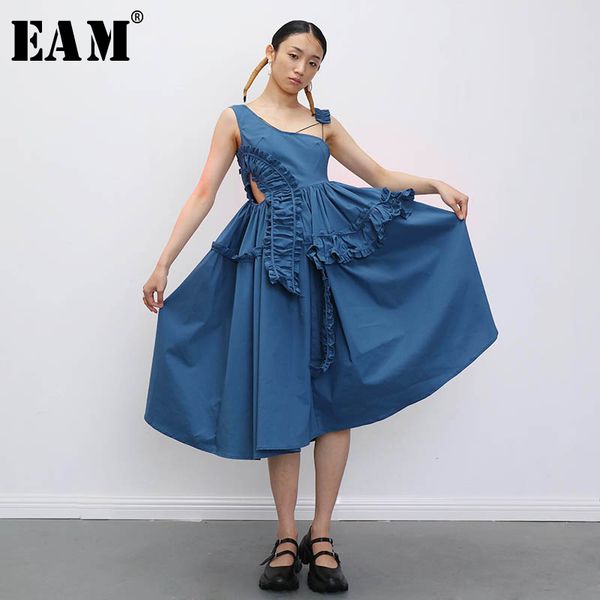 

[eam] women asymmetrical drawstring rufflesress asymmetrical collar sleeveless loose fit fashion spring summer 1t909 21512, White
