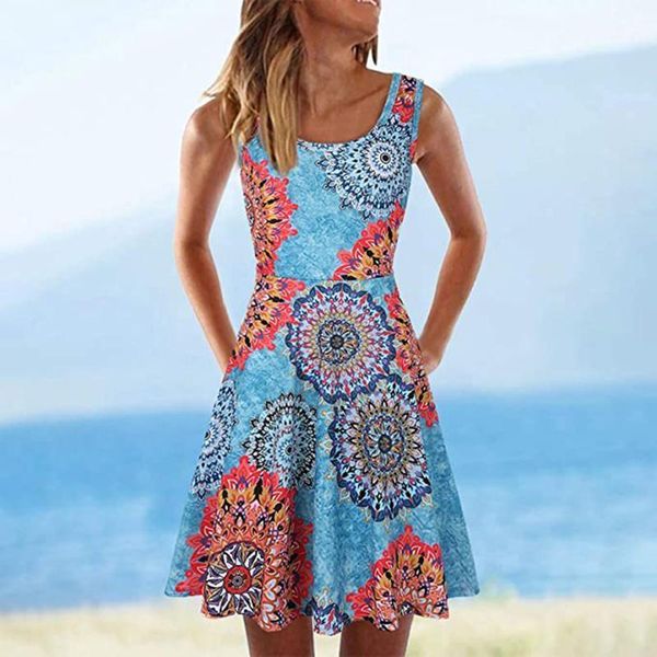 

casual dresses 40# printed loose dress sleeveless o-neck a-line summer 2021 vintage beach holiday for women vestidos, Black;gray