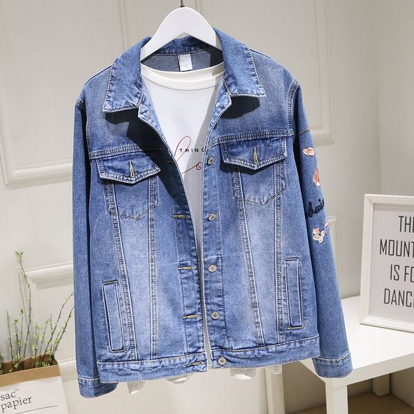 

2021 spring and autumn new korean style embroidered denim coat loose slimming blue denim jacket fashiuon all-match jeans coat, White
