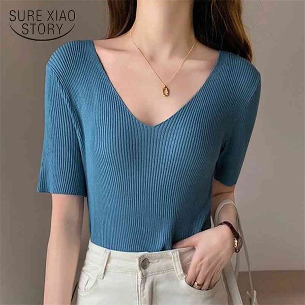 

short sleeve summer shirt for women plus size white tee woman shirts knitted casual v-neck blusas fashion 13436 210510