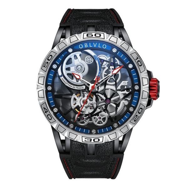 

wristwatches oblvlo men automatic watch luxury male watches mechanical wristwatch punk skeleton dial waterproof rubber strap sapphire lm, Slivery;brown