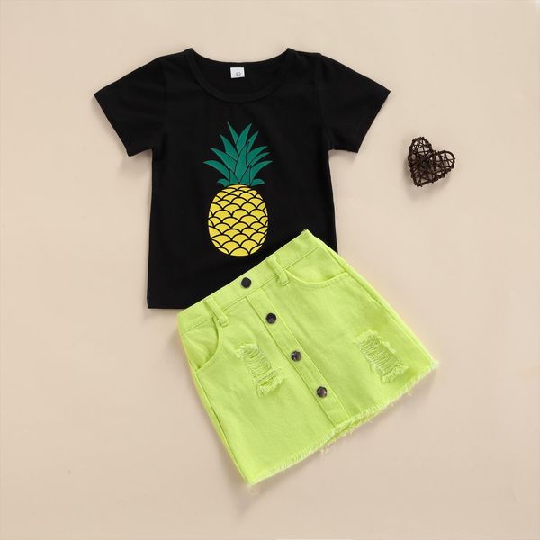 

1 6y summer fashion kids girls clothes sets 2pcs pineapple printed short sleeve t shirts single breasted a line skirts, White