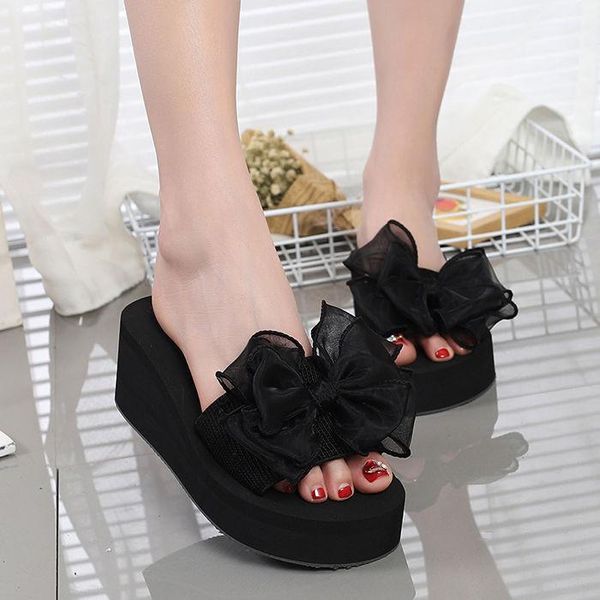 

sandals women summer bow high heel flip flops platform slippers designer shoes loafers non-slip wear beach outside 2021 pump, Black