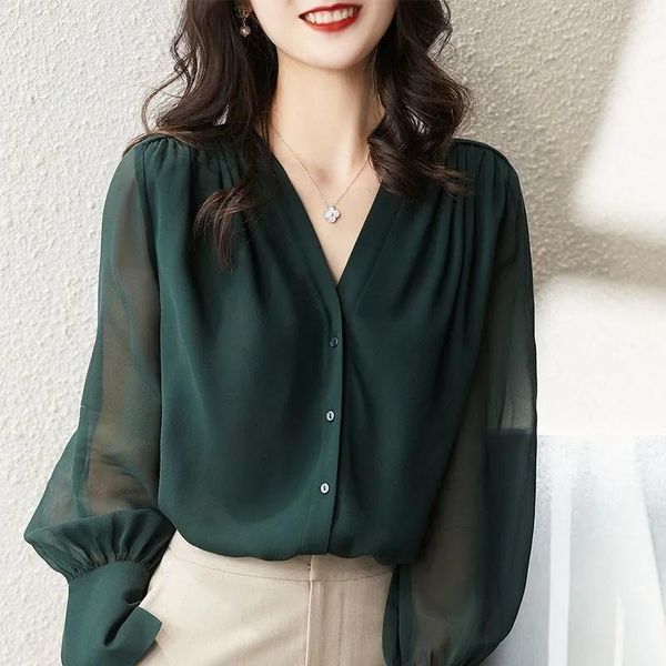 

women's blouses & shirts fashion trend office lady chiffon retro green buttoned long sleeve shirt sweet women fall slim korean casual, White