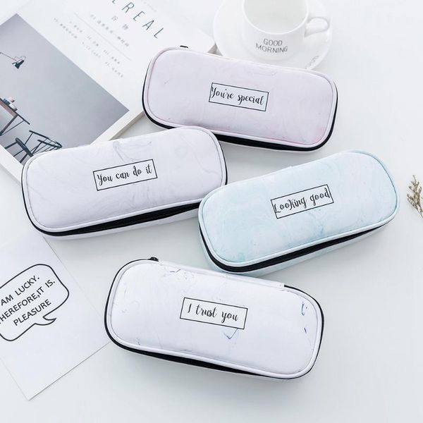 

cute pencil case for girls marble pattern leather pen bag box waterproof stationery pouch office school supplies zakka escolar bags