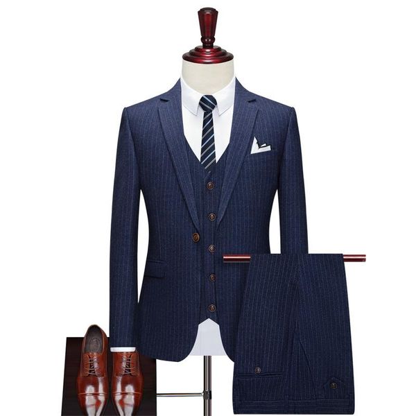 

men's three piece suit autumn winter 2021 one button stripe casual bridegroom wedding dress suits & blazers, White;black