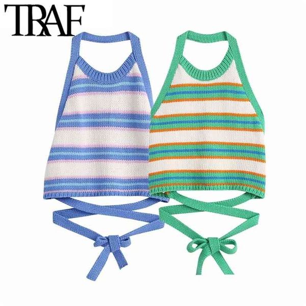 

traf women sweet fashion striped crop knitted tank vintage halter neck backless bow tied female camis mujer 210705, White