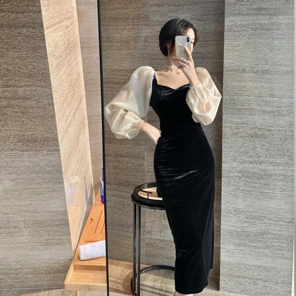 

velvet mesh patchwork women dresses autumn square collar slim knee-length puff sleeved lady elegant pulls outwear casual, Black;gray