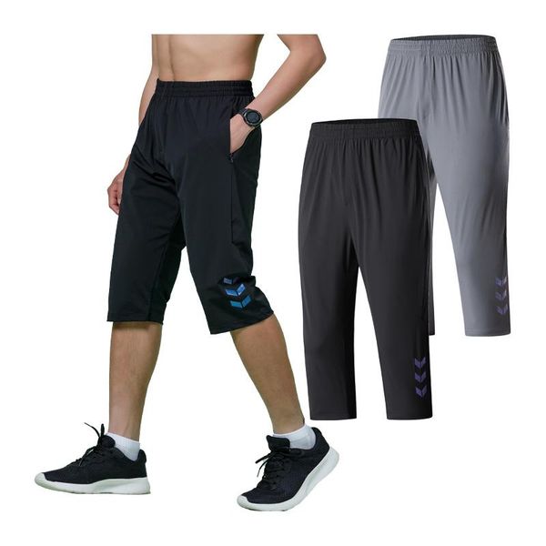 

cropped pants men sport running fitness 3/4 trousers color reflective strips training soccer tennis sweatpants male gym pant, Black;blue