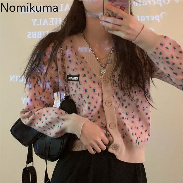 

nomikuma sweet pink leopard cardigan women v neck single breasted short sweater long sleeve korean knitwear streetwear 3c969 210514, White;black