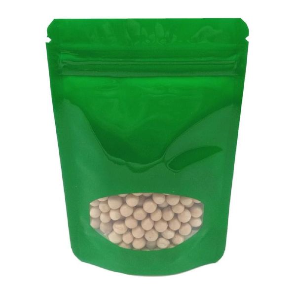 

storage bags 100pcs glossy green mylar foil stand up bag with clear window resealable tear notch food packaging doypack