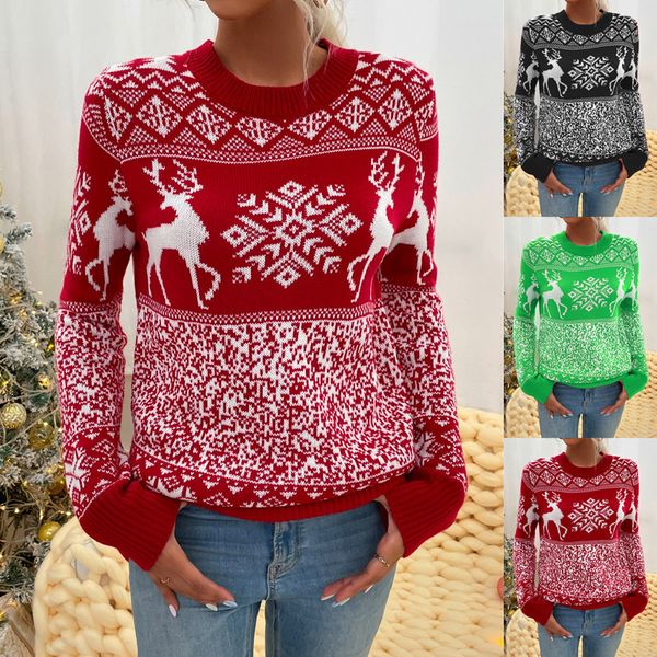 

2021 christmas wool woven round neck elk long sleeve sweater women's wear, White;black