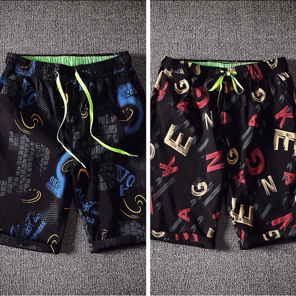 

a 506 summer five minutes of pants men loose handsome popular logo trend seven 6 beach pants male flower shorts trousers slacks, Blue