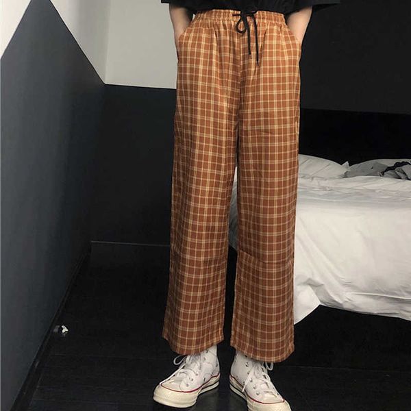 

spring wide leg pants ankle-length women trousers casual loose elastic waist plaid pants loose elasticated trousers 210702, Black;white
