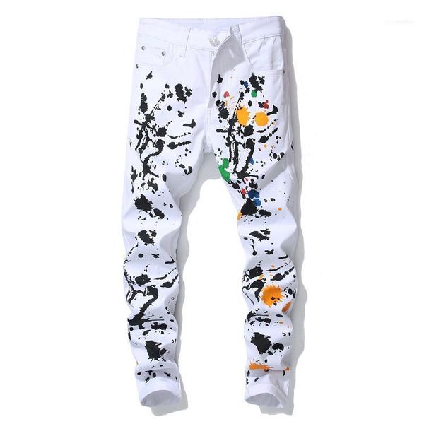 Calças de brim dos homens na moda Slim Fit Stretch Branco Tinta Casual Calças Casuais Tinta Pintada Graffiti Lápis Calças Para Homens Hip Hop Estilo Estilo