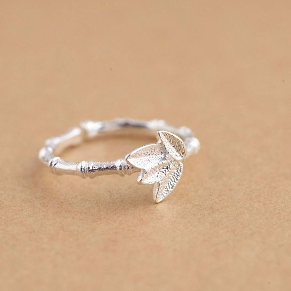 

silver bamboo ring original pure s925 sterling rings for women jewelry open adjustable size cluster, Golden;silver