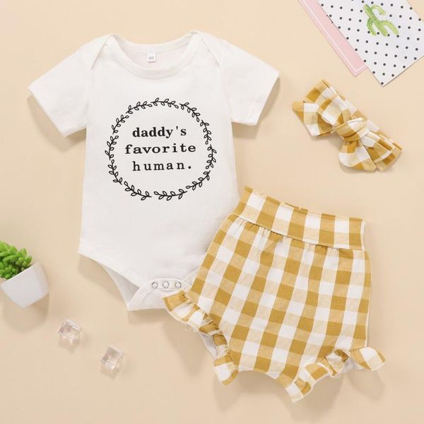 

clothing sets children's born baby girl short sleeve letter print romper t-shirt plaid bodysuit headband set, White