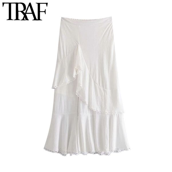 

traf women chic fashion lace patchwork asymmetry midi skirt vintage high waist side zipper slit female skirts mujer 210415, Black