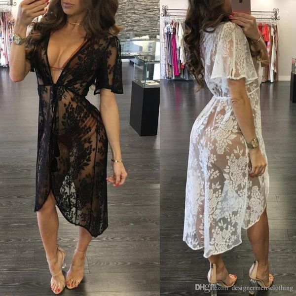 

v-neck see through summer beach smock dress women black white lace floral dresses deep, Black;gray