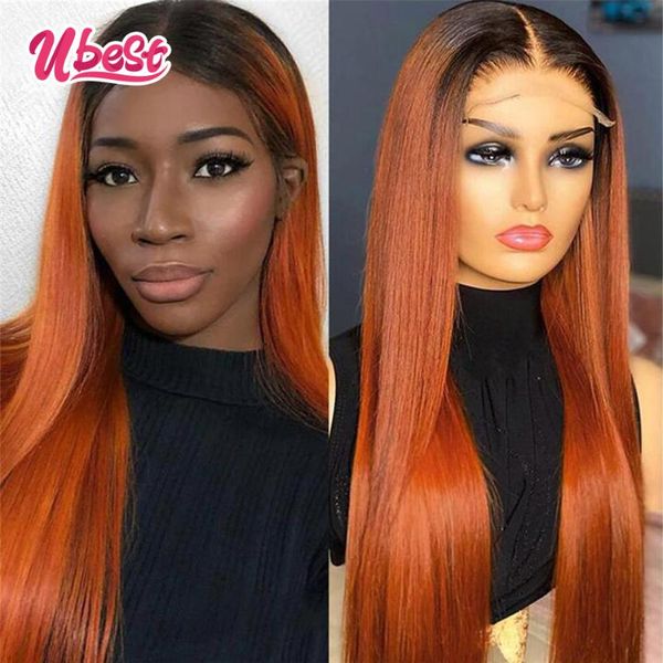 

lace wigs ombre 1b/orange straight front wig transparent malaysian frontal 180% 1b/27 colored human hair for women, Black;brown