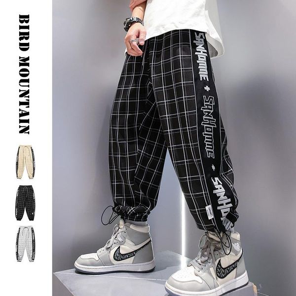 

korean style hip hop casual plaid harem pants reflective drawstring fashion streetwear loose joggers men clothing sweatpants men's, Black