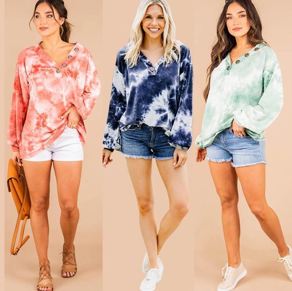 

women's t-shirt womens designer shirs tie-dye prined auumn sweashir loose v neck wih buons long lanern sleeve fashion shirs sreewear qa, White