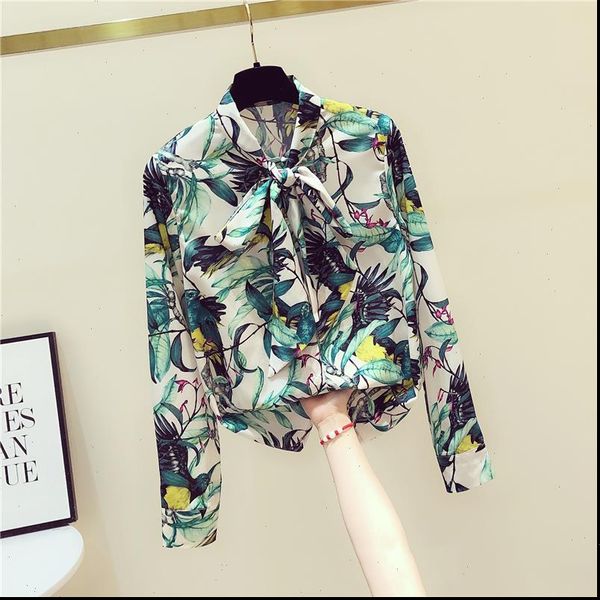 

spring summer womens shirt chiffon floral retro long sleeved bow tie bottoming and, White