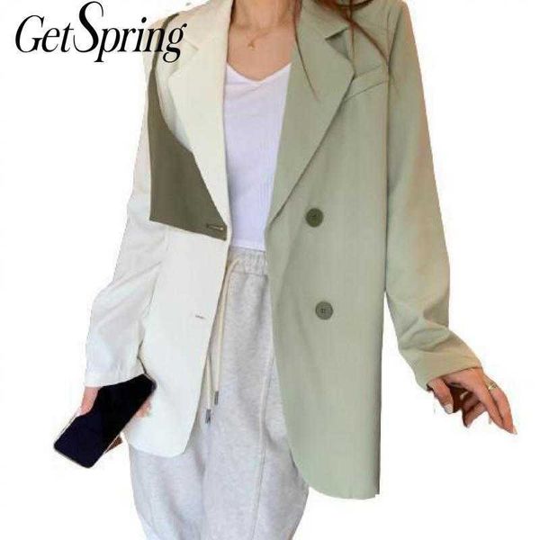 

getspring women blazer patchwork irregular color matching vintage blazers and jackets asymmetry loose suit coats 210601, White;black