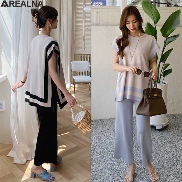

fashion summer women's ice silk thin knitted sleeveless pullover two-piece pant suits +high waist loose wide leg pants set 211105, White