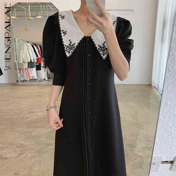 

shengpllae vintage embroidery dress women's summer wave edge lapel single breasted loose short puff sleeve dresses 210427, White