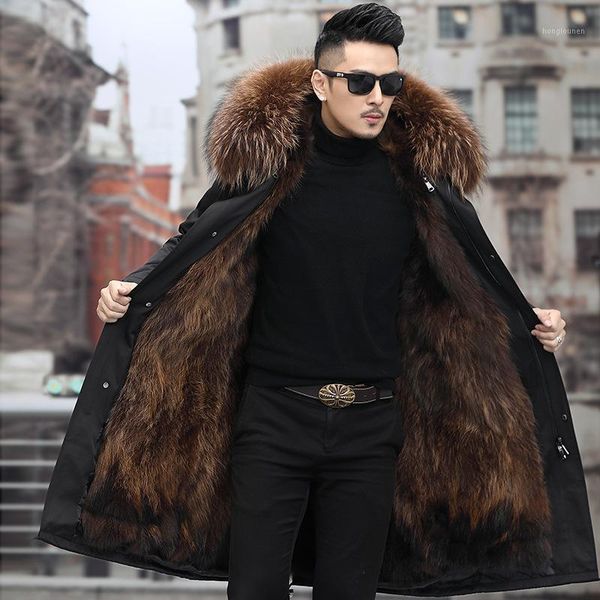 

men's jackets overcomes 2021 winter haining mid long fur all in one style detachable inner bladder, Black;brown